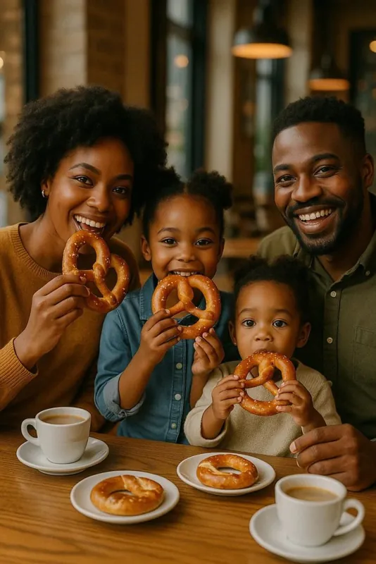 Family sharing soft pretzels at a café table