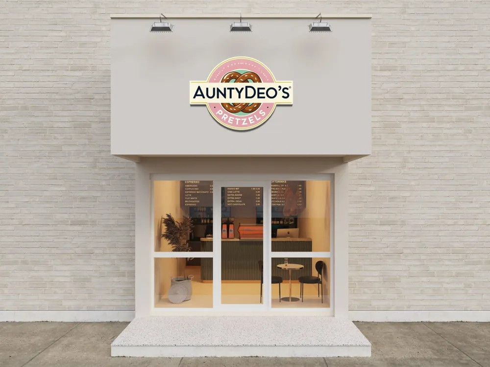 Shopfront with the AuntyDeo's Pretzels sign